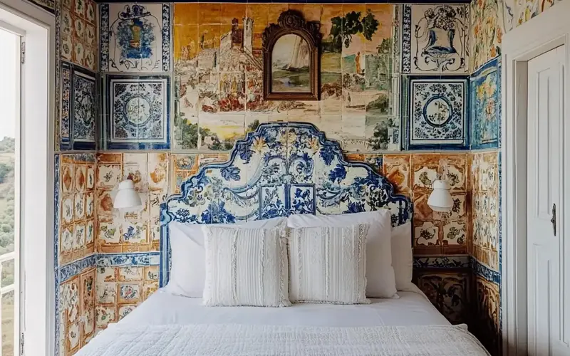 Bedroom: Hand-Painted Tiles Headboard: