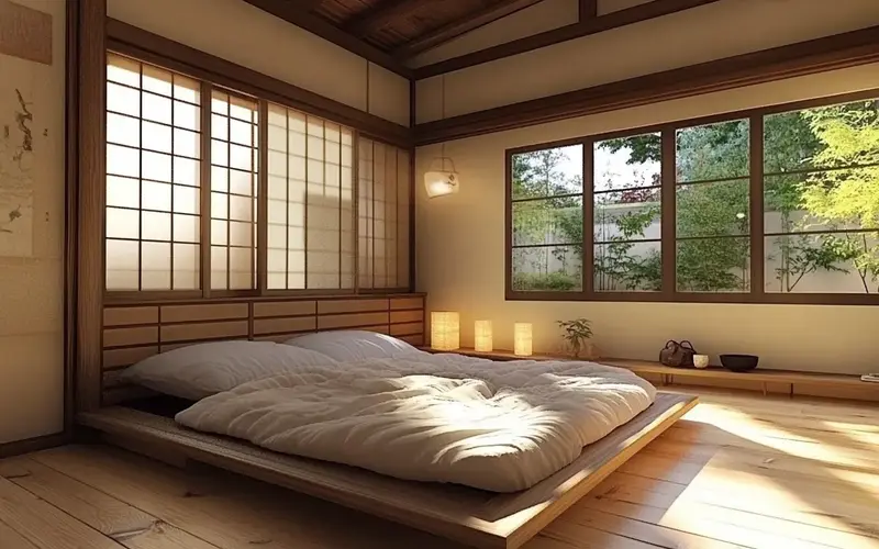 Bedroom: Platform Bed with Natural Bedding: