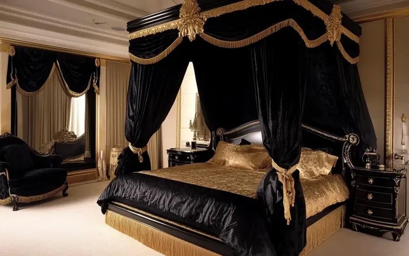 Black Canopy Bed with Gold Accents: