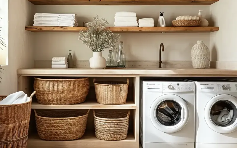 Boho Laundry Room Design Concepts: Natural Materials: Woven wonders like rattan baskets provide a stylish and sustainable storage solution for laundry essentials. Look for a set of sizes to accommodate everything from detergent to dryer sheets. A wicker hamper with a lid adds a touch of rustic charm while keeping dirty laundry out of sight. Bamboo shelves, with their warm tones and natural texture, bring organization and visual appeal to the space. Consider incorporating a bamboo laundry hamper with a lid to hide dirty laundry in style.