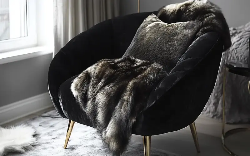 Black Accent Chair with a Fur Throw: