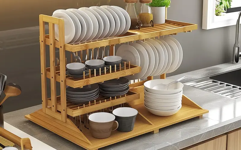 Tiered Drying Rack with Utensil Holder: Keeps utensils organized and within reach: