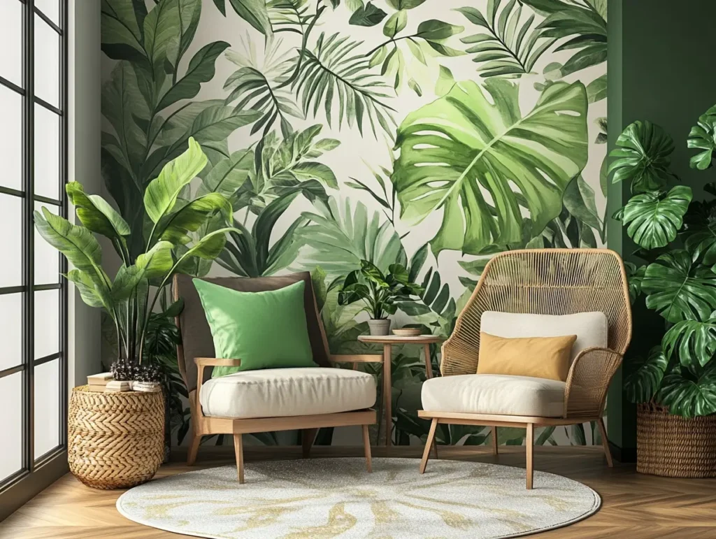 Accent Wall with Plant Wallpaper: