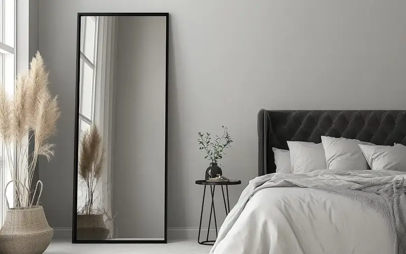 Black Floor Mirror Leaning Against the Wall: