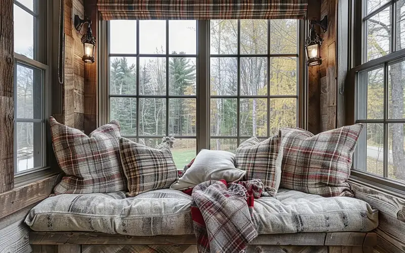 Cozy Window Seat with Plaid Cushions: