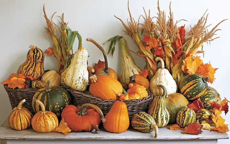 Gourds and Corn Stalks: