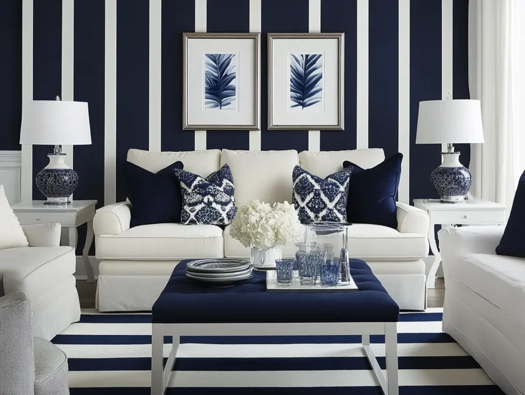 Navy & White Striped Walls: Timeless Elegance: