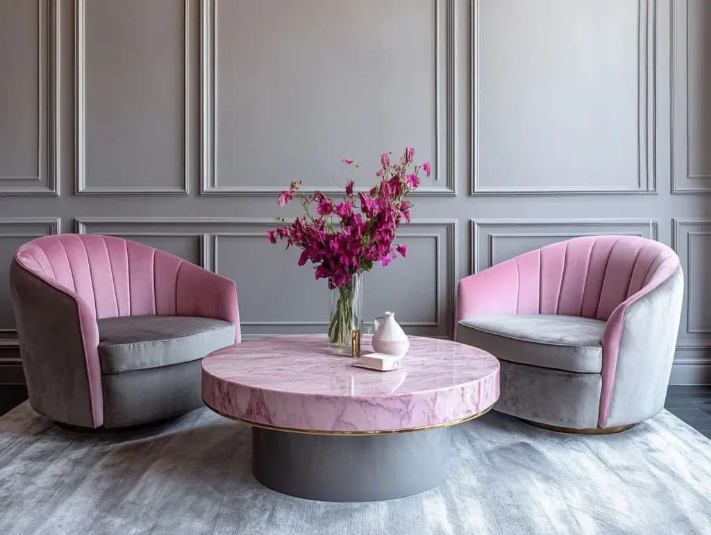 Pink Marble Coffee Table with Grey Upholstered Chairs: