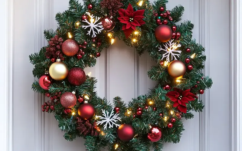 Door Wreath with Miniature Ornaments and Lights: