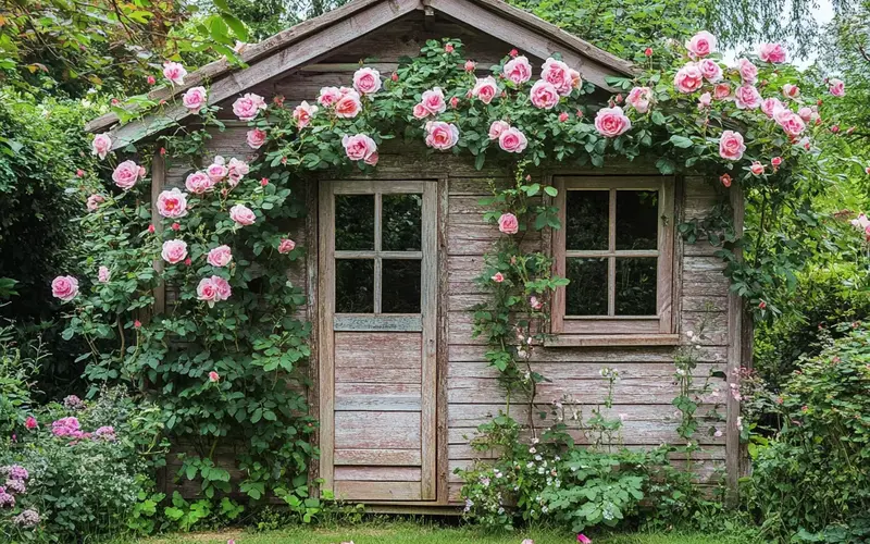 Garden Shed with Climbing Roses (British-Inspired Outdoors): 