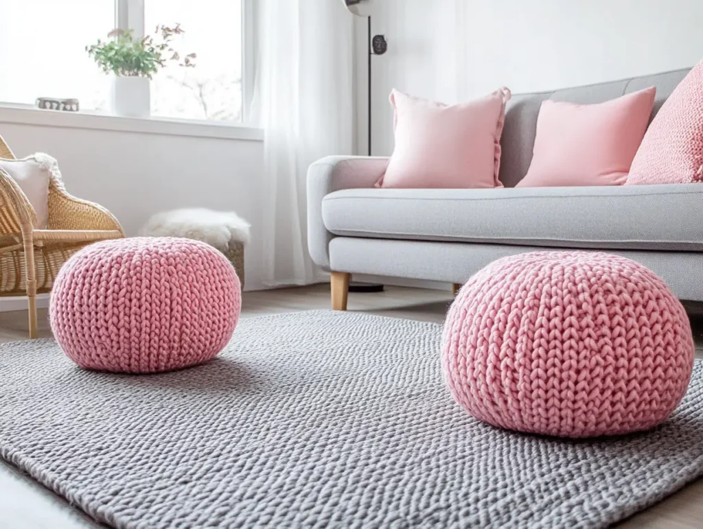 Grey Area Rug with Pink Poufs: