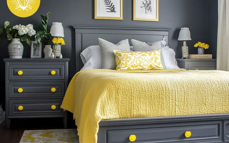 Grey Dresser with Yellow Hardware: