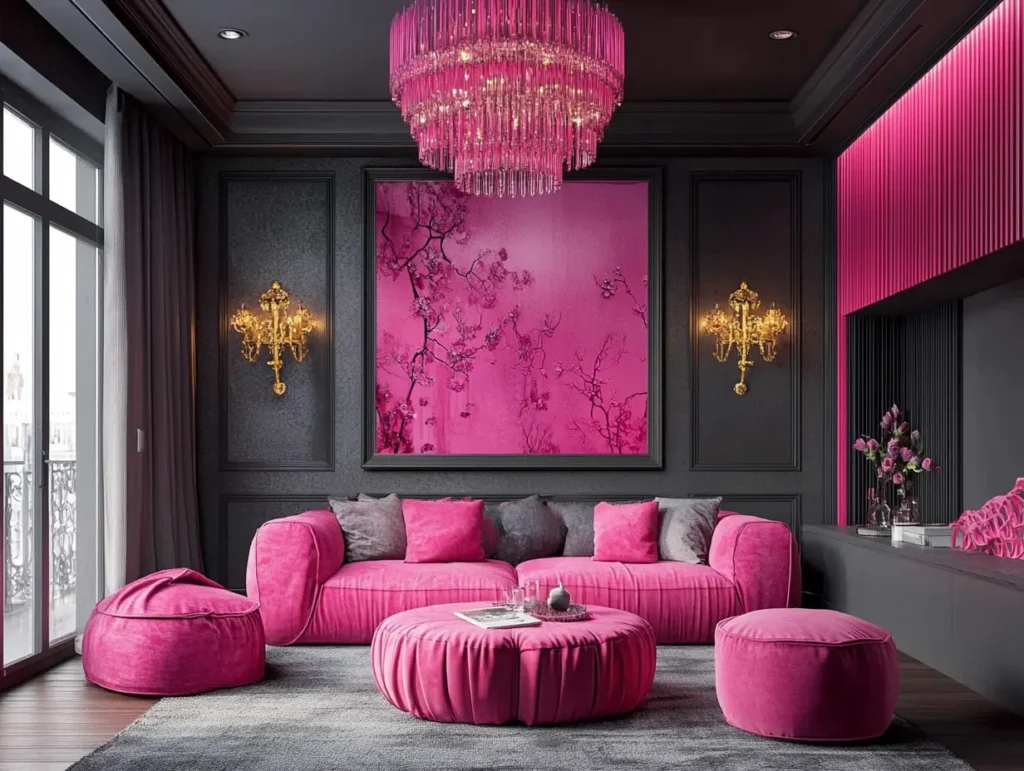 Pink Chandelier with Grey Wall Sconces: