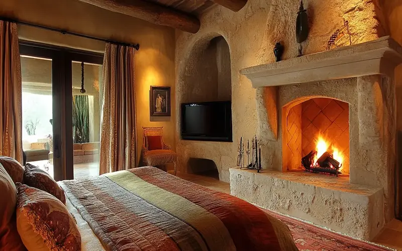 Bedroom: Cantera Stone Fireplace: