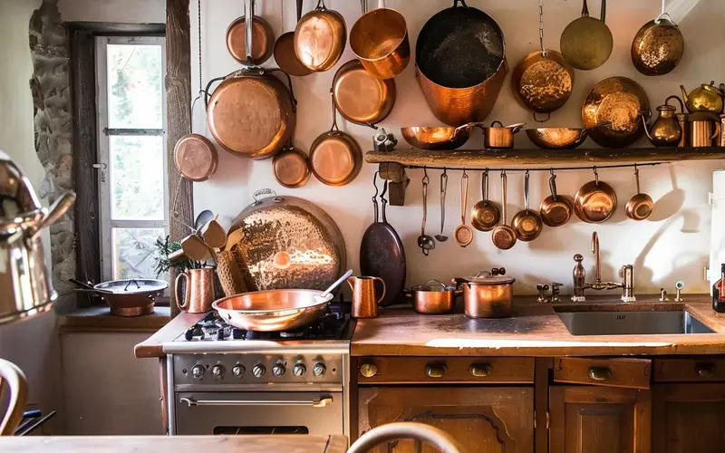 Copper Pots, Gleaming Accents: