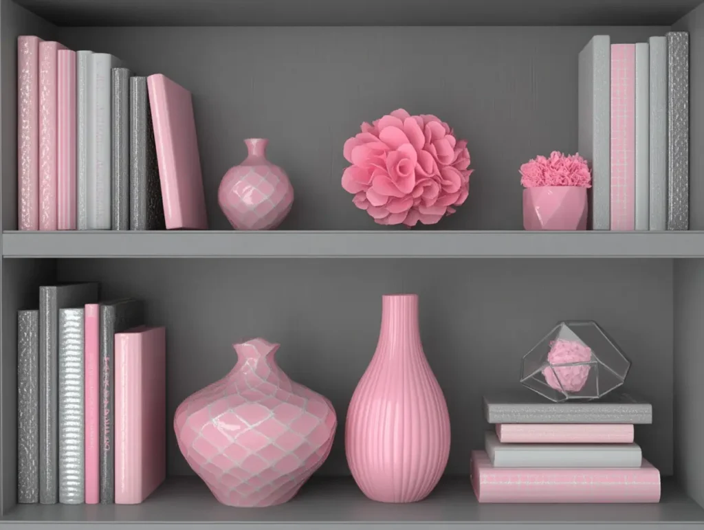 Grey Built-in Bookshelves with Pink Decorative Objects: