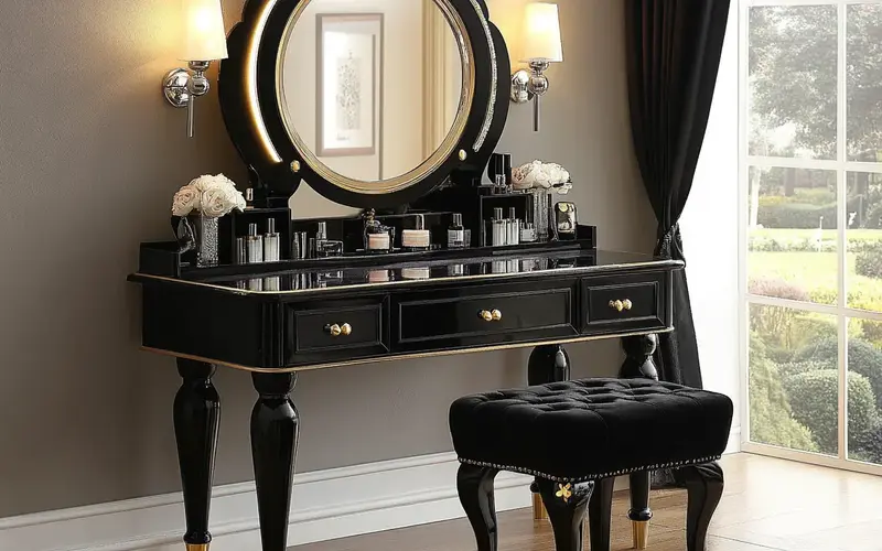 Black Vanity Table with a Hollywood Mirror: