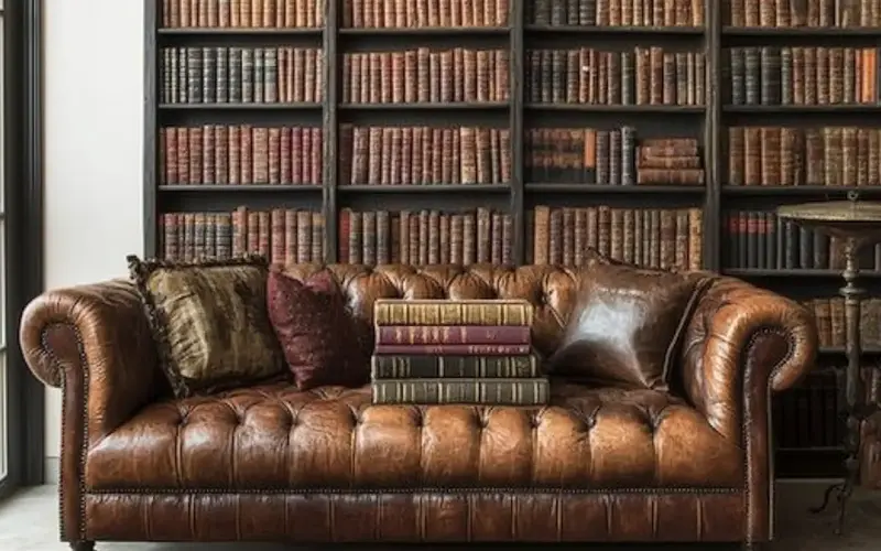 Bookshelves with Leather-Bound Books: 