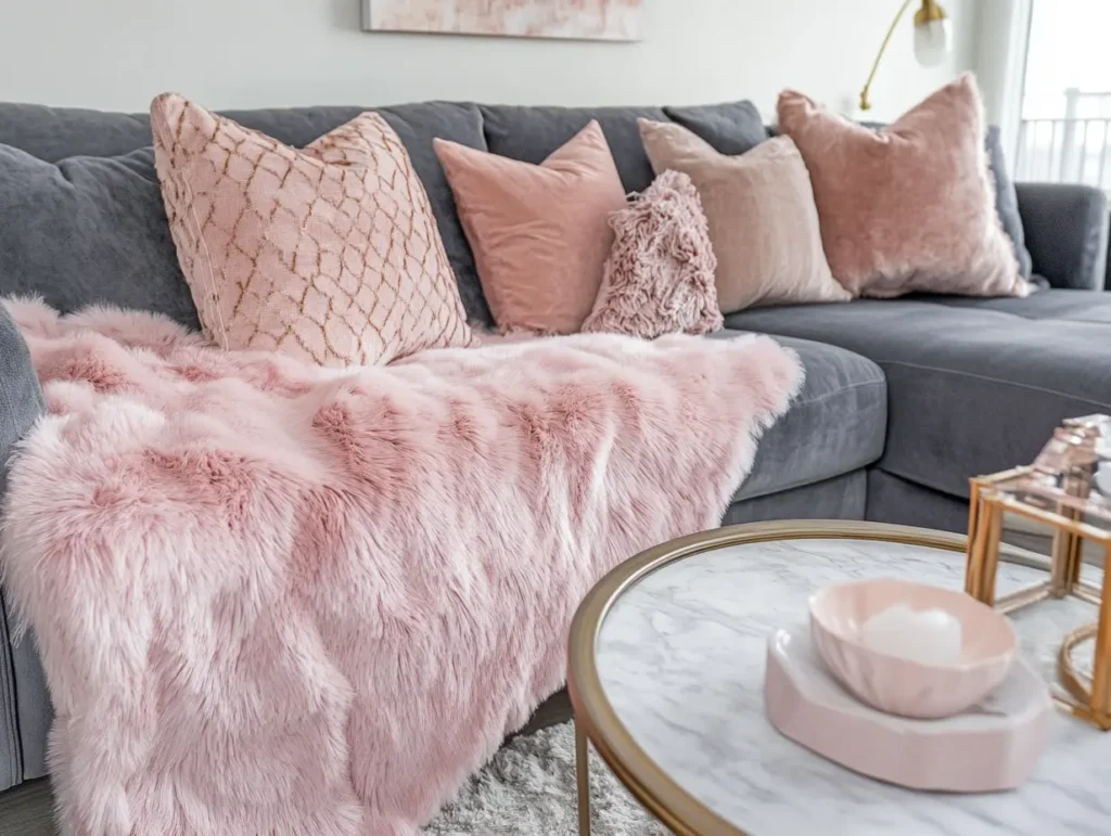 Grey Sofa with Pink Fur Throw: