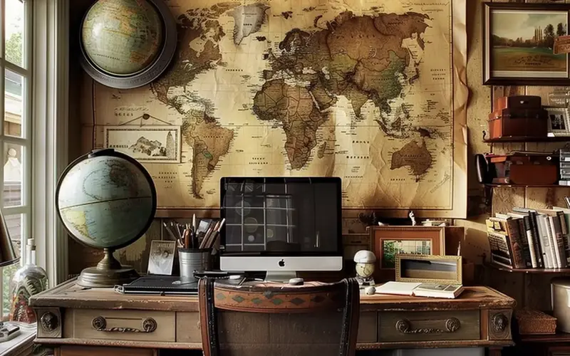 The Nomadic Office: If you're a frequent traveler or simply love the idea of a nomadic lifestyle, incorporate that wanderlust into your home office. Decorate with maps, globes, and travel souvenirs. Hang up photos from your travels and display postcards on a bulletin board. Consider a Cork Globe where you can pin your travel memories and future destinations.