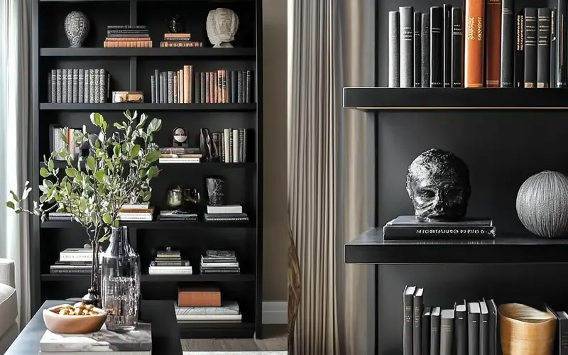 Black Bookshelf with Decorative Objects: