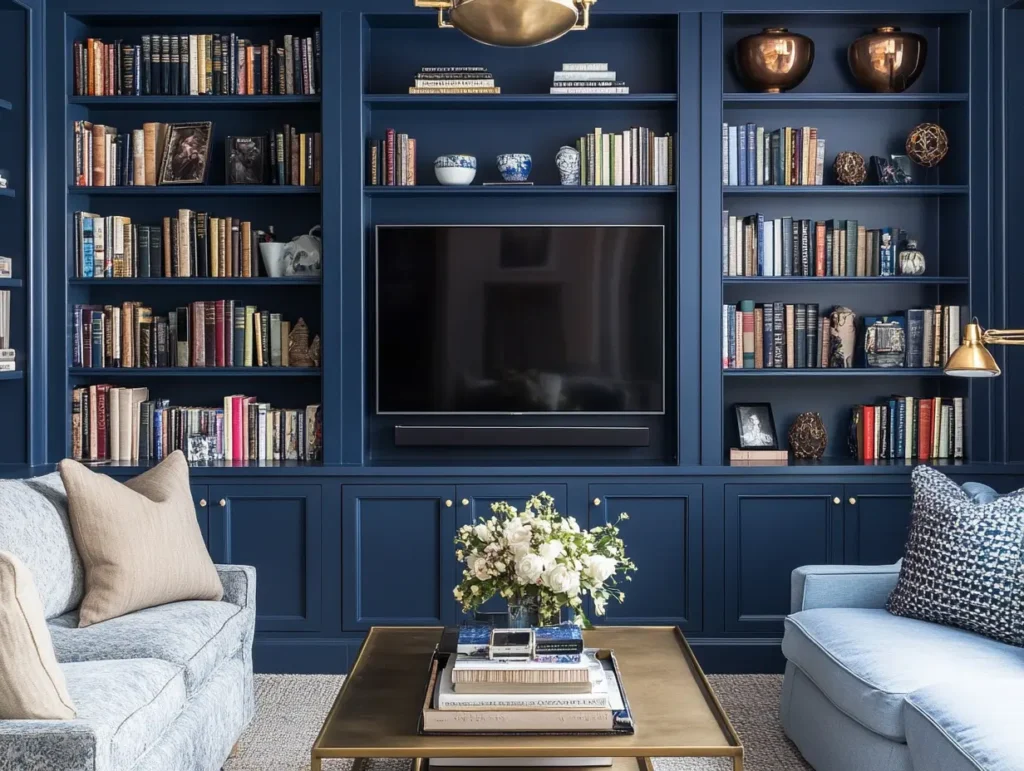 Navy Built-in Bookshelves: Statement Storage: