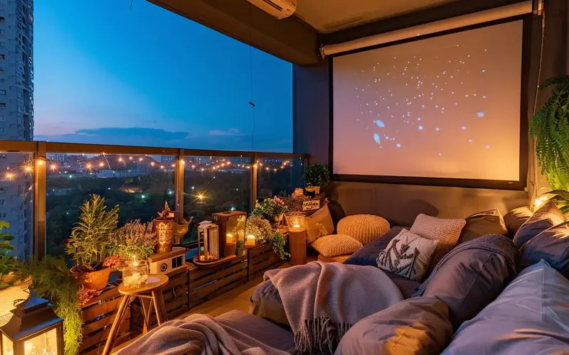 Movie Night Under the Stars: Transform your balcony into an outdoor cinema with a projector like the Anker Nebula Capsule Smart Mini Projector and a portable screen like the Vamvo Outdoor Indoor Projector Screen with a Stand. Invite your friends for a movie night under the stars, complete with popcorn, cozy blankets, and comfy seating.