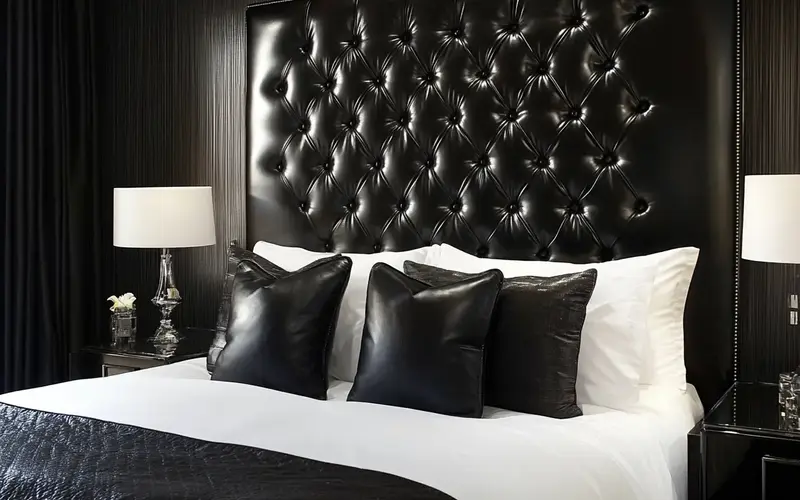 Black Leather Headboard with Tufted Details: