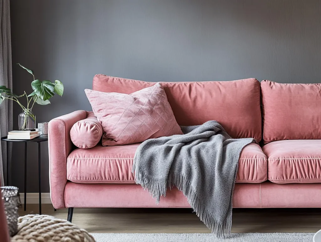 Dusty Rose Sofa with Dove Grey Throw Blankets: