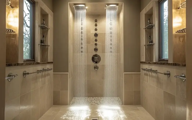 Walk-In Showers with Multiple Showerheads: 