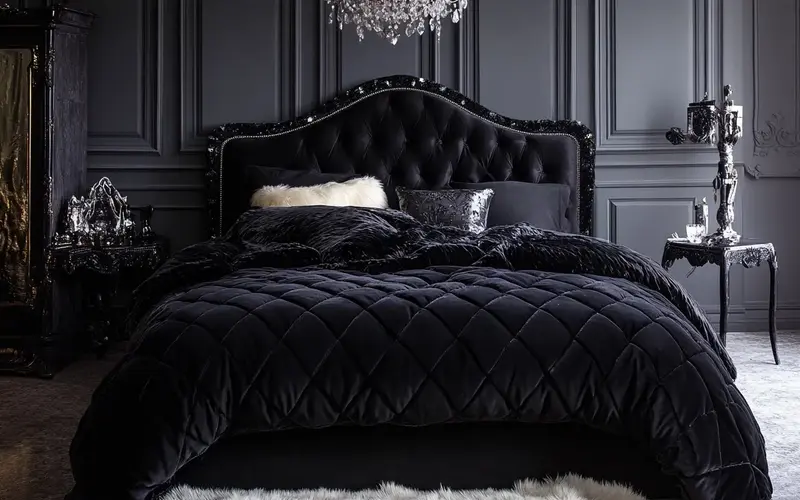 Black Velvet Bed Frame with Crystal Embellishments: