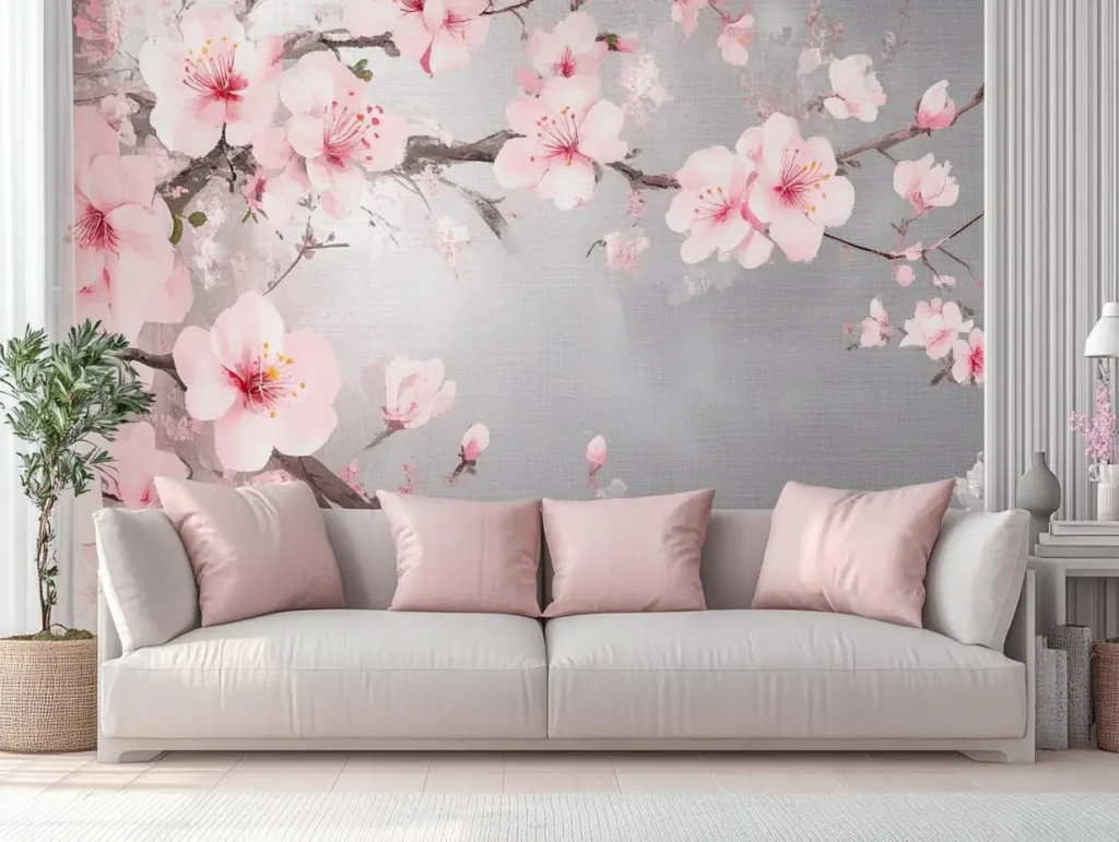 Geometric Grey Wallpaper with Pink Floral Artwork: