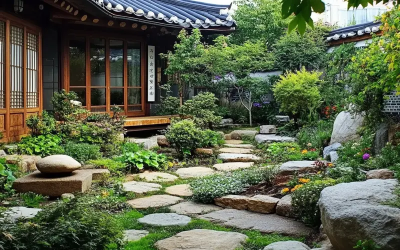 Outdoor: Courtyard Garden with a Stone Pathway: