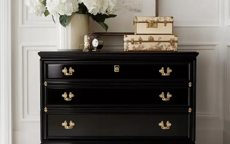 Black Lacquered Dresser with Brass Hardware: