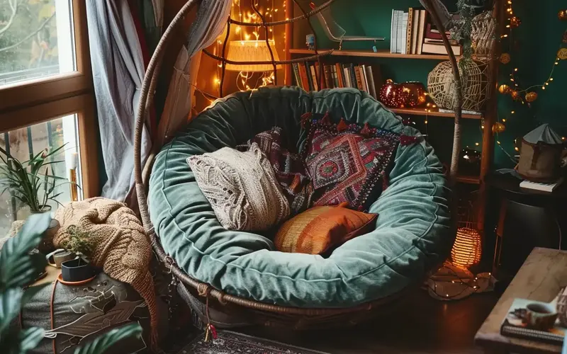 The Cozy Reading Nook: Carve out a dedicated space for reading, brainstorming, or simply taking a break from work. This could be a cozy corner with a comfy Papasan Chair, a stack of your favorite books, and a Floor Lamp for ambient lighting. Add a soft Throw Blanket and a few Decorative Pillows to create an inviting space to relax and recharge.