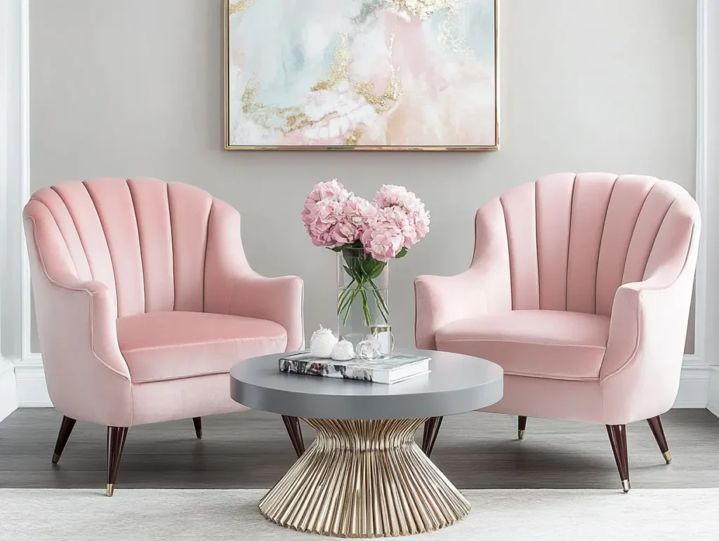 Velvet Pink Armchairs with a Sleek Grey Coffee Table: