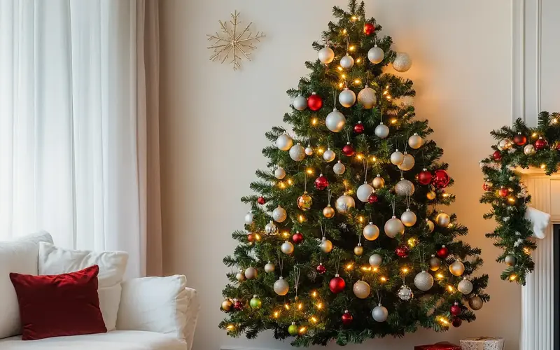 Wall-Mounted Christmas Tree with Ornaments: