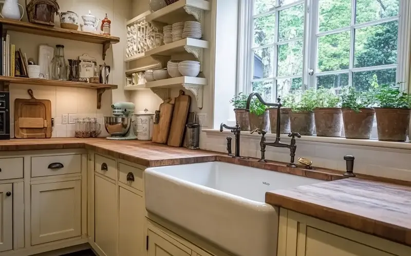 Farmhouse Sink and Butcher Block Countertops (French-inspired Kitchen):