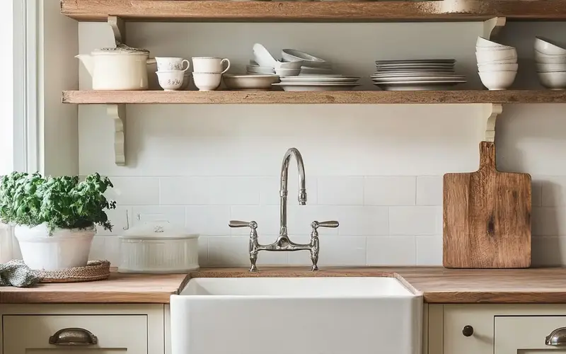 Farmhouse Sink and Open Shelving (British-Inspired Kitchen):