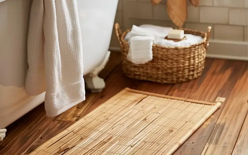 Boho Bathroom Decor Ideas Giving Light and Airy Vibes: Flooring & Fixtures: Natural Flooring for a Grounded Feel: Opt for natural materials like bamboo, wood-look tile, or textured stone to create a warm and inviting atmosphere. GoHaus's Natural Bamboo Bath Mat is a fantastic option. It's soft and absorbent and adds a touch of natural elegance to your bathroom.