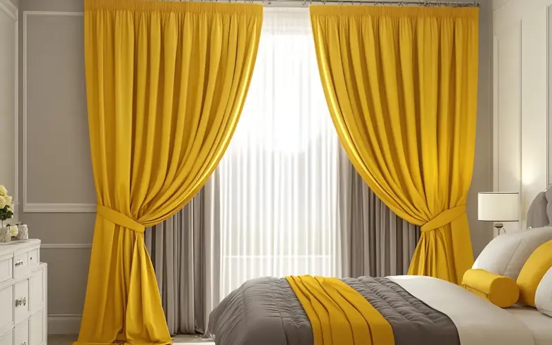 Grey Curtains with Yellow Tiebacks: