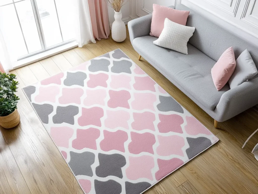 Pink and Grey Patterned Rug: