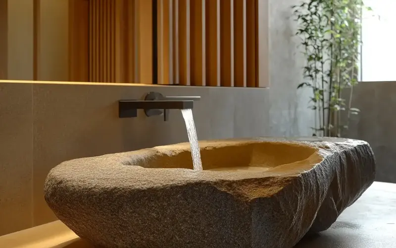 Stone Basins and Waterfall Faucets (Serene Japanese-Style Bathroom):