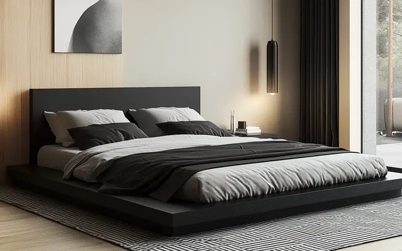 Black Platform Bed with a Statement Rug: