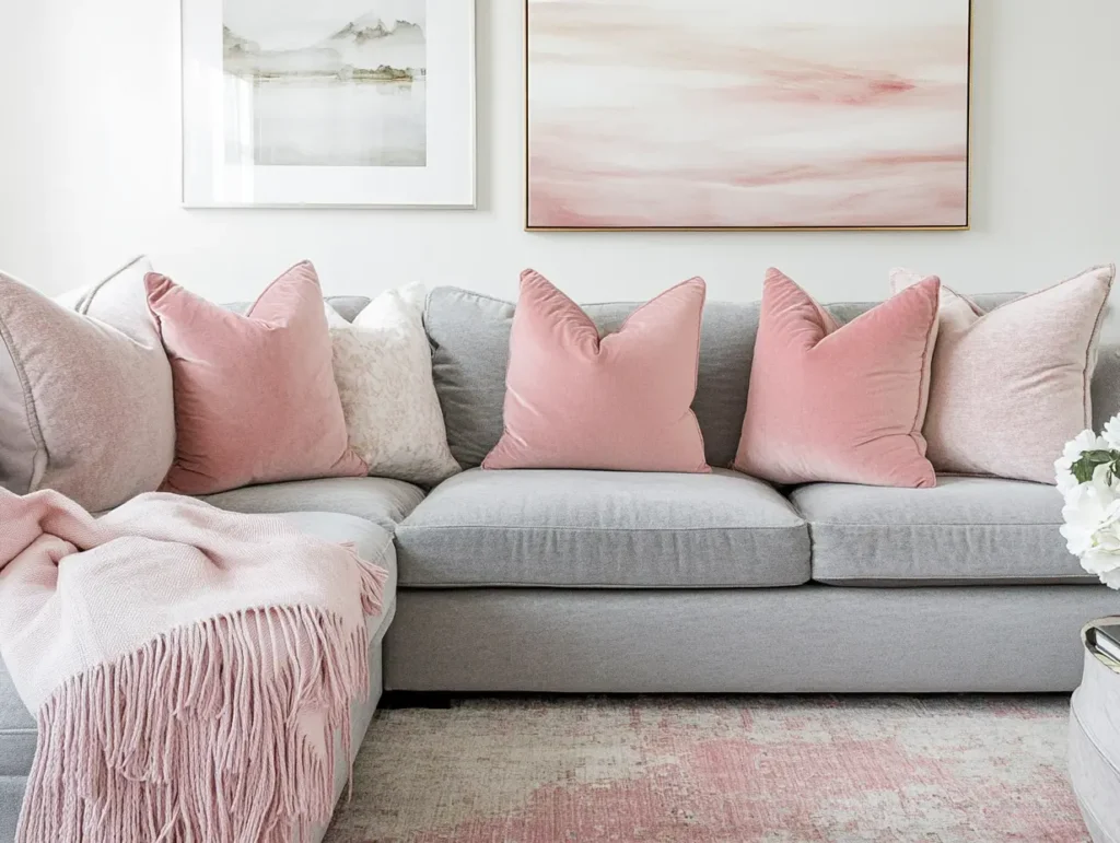 Pink Throw Pillows on a Grey Sectional: