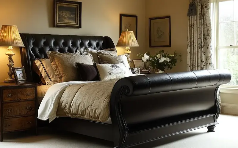 Black Sleigh Bed with Luxurious Bedding: