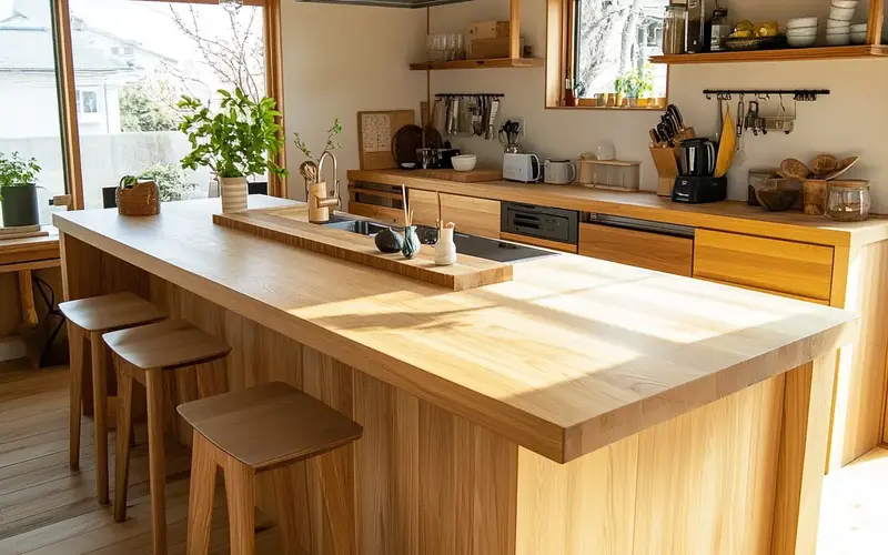 Natural Wood Countertops and Cabinets (Functional Japanese-Style Kitchen):