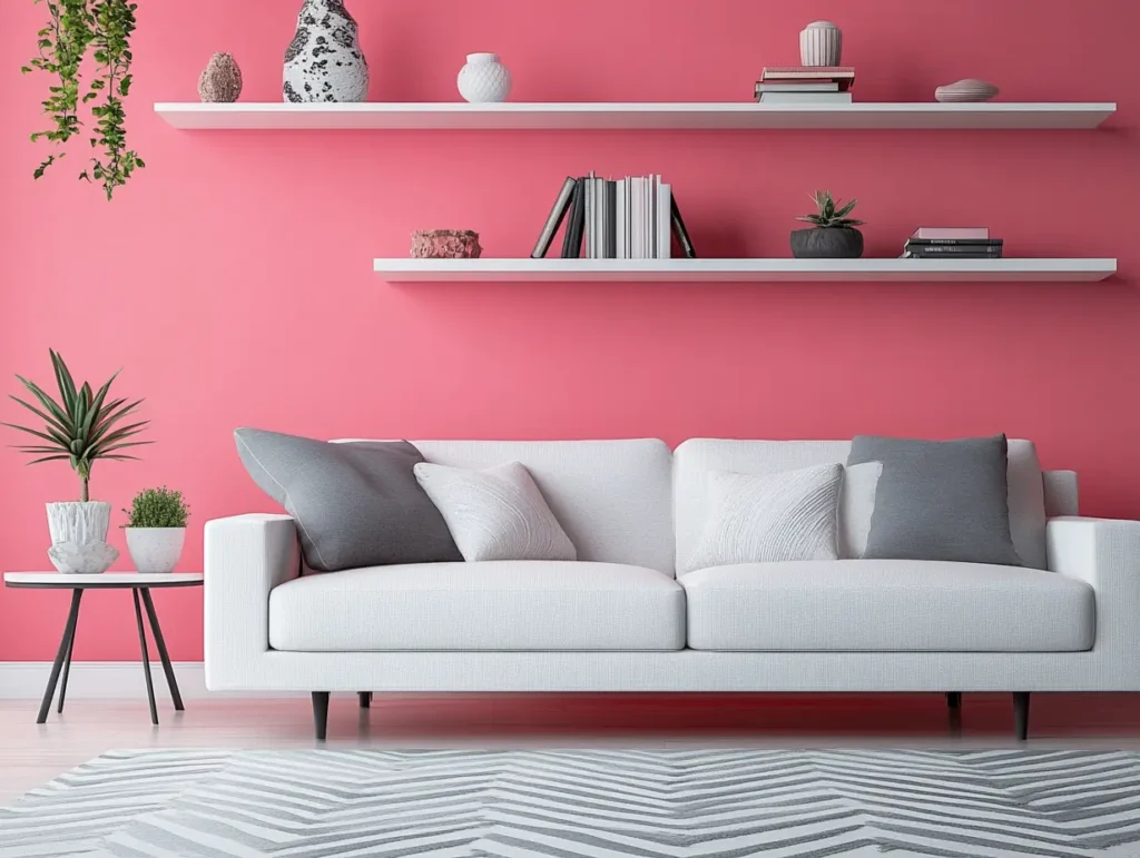 Pink Accent Wall With Grey Floating Shelves: