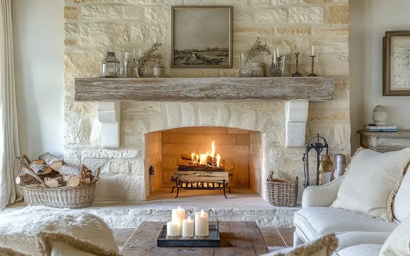 Stone Fireplace with Mantel (French-inspired Living Room):