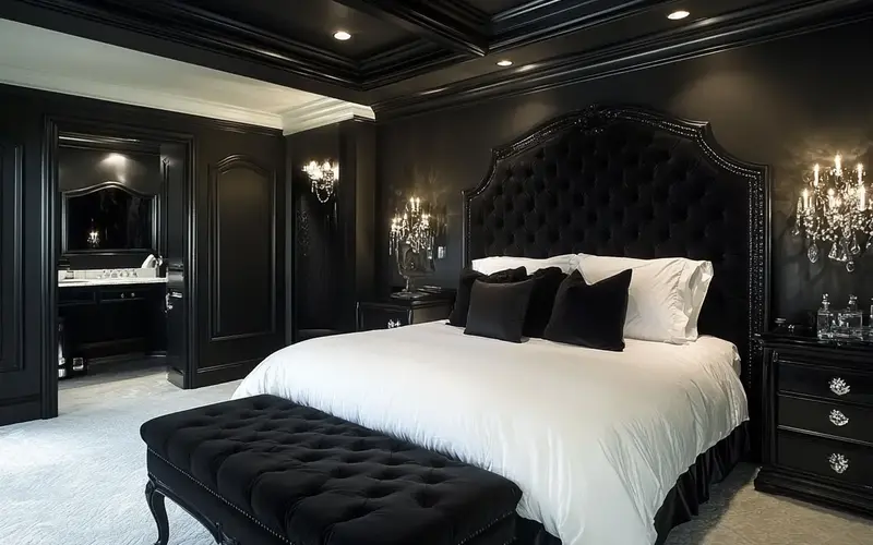 Black Upholstered Bench at the Foot of the Bed: